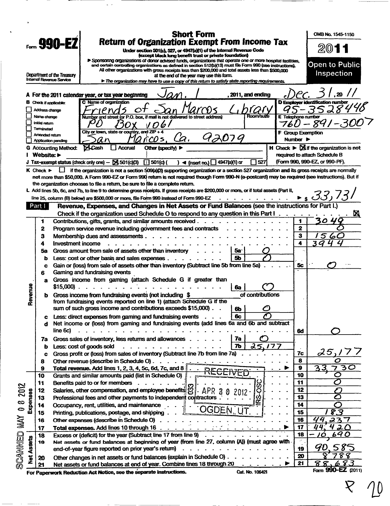 Image of first page of 2011 Form 990EZ for Friends of the San Marcos Library