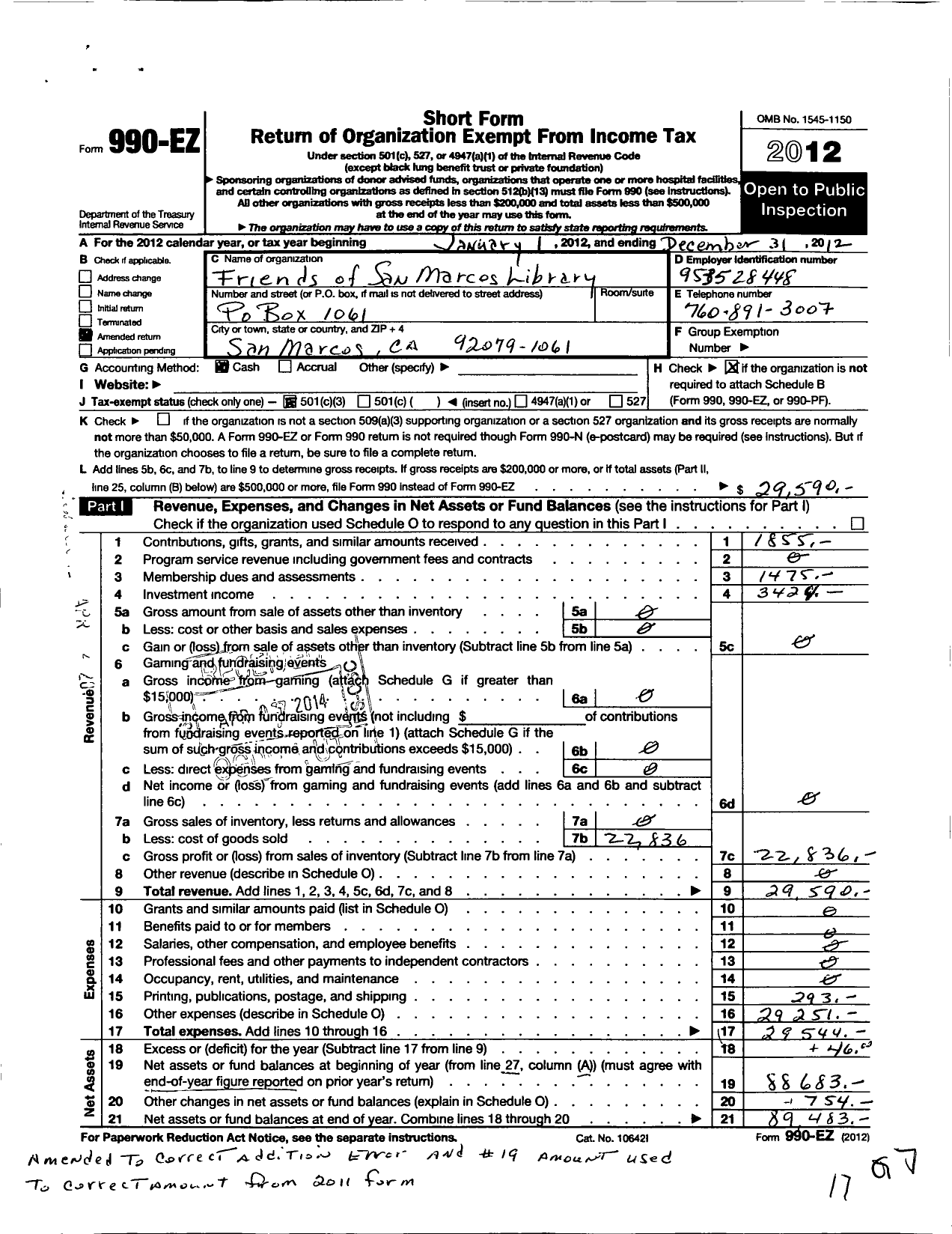 Image of first page of 2012 Form 990EZ for Friends of the San Marcos Library