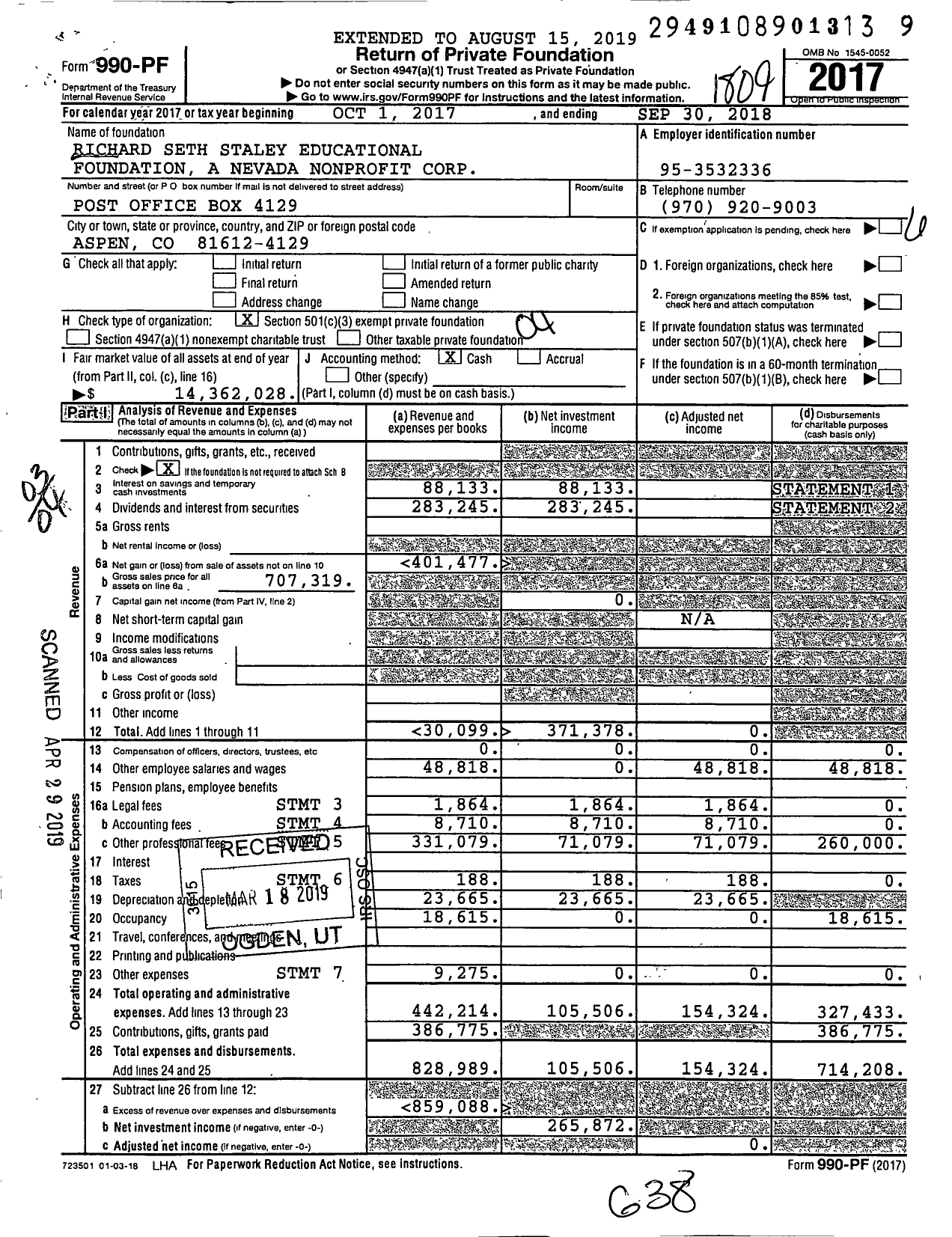 Image of first page of 2017 Form 990PF for Richard Seth Staley Educational Foundation A Nevada Nonprofit Corporation