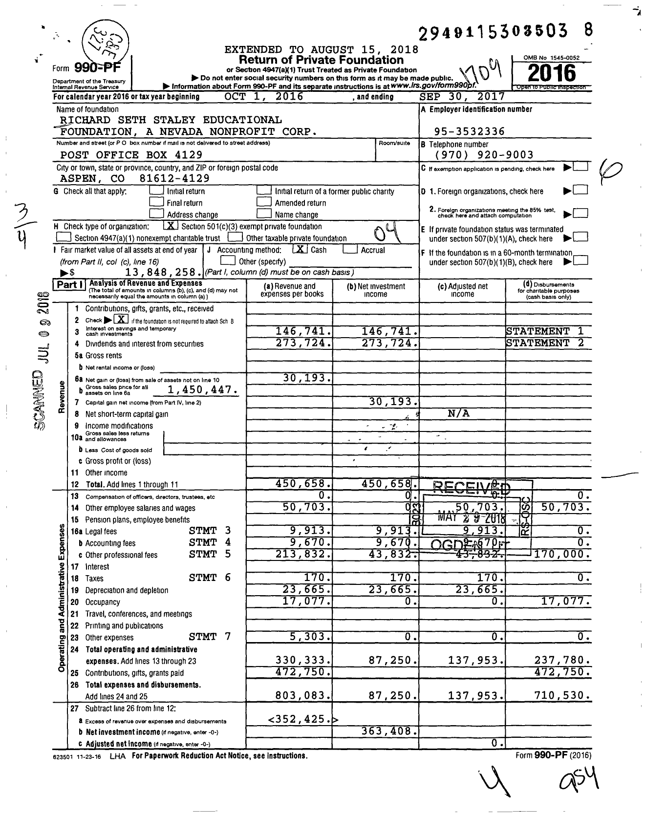 Image of first page of 2016 Form 990PF for Richard Seth Staley Educational Foundation A Nevada Nonprofit Corporation