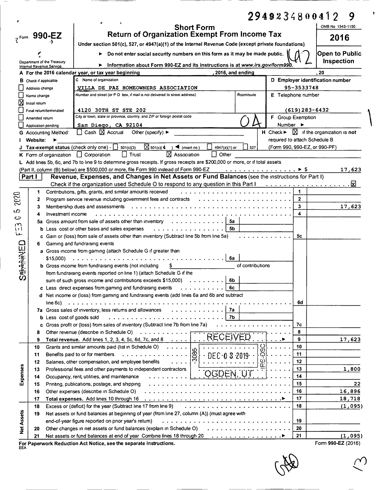 Image of first page of 2016 Form 990EO for Villa de Paz Homeowners Association