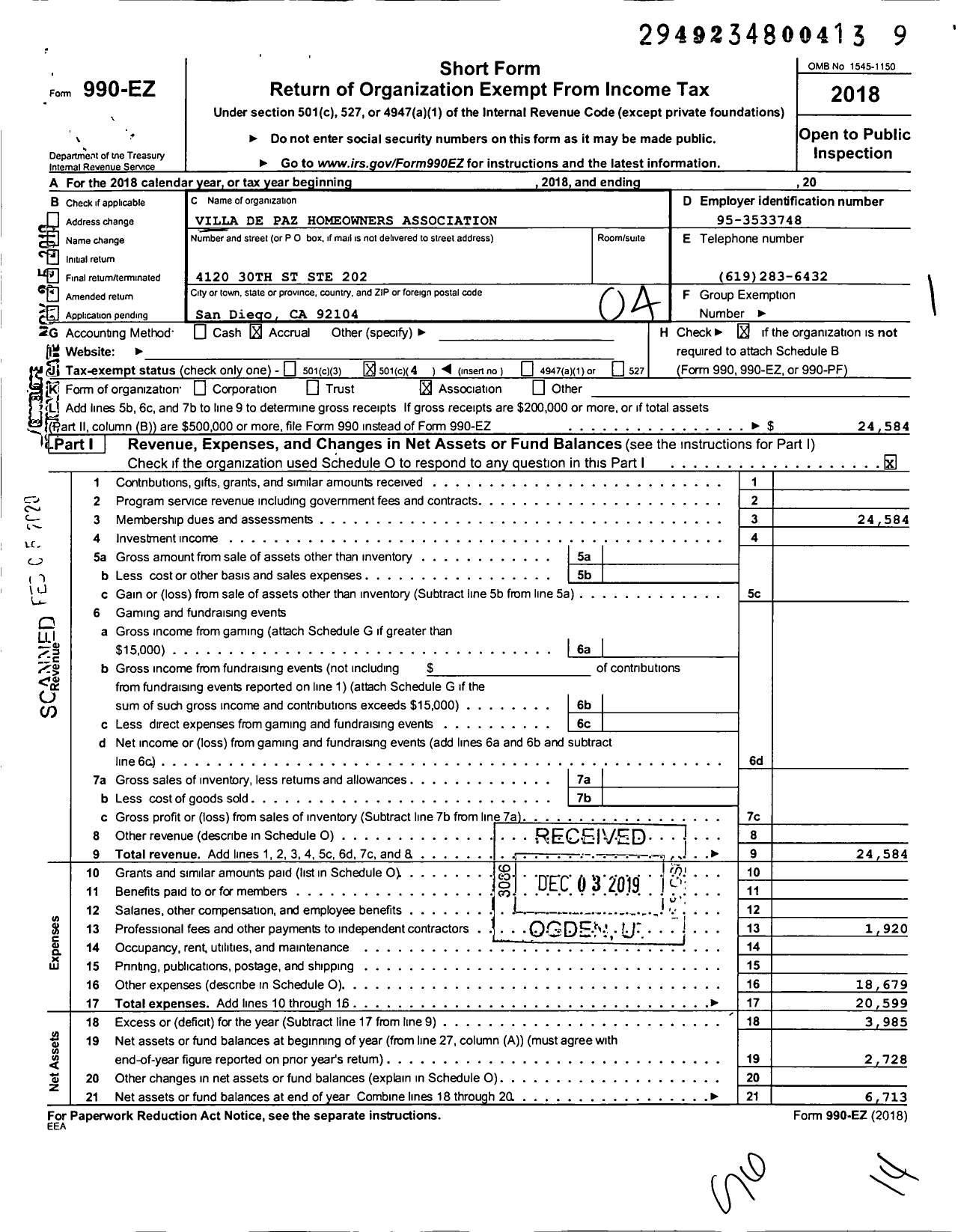 Image of first page of 2018 Form 990EO for Villa de Paz Homeowners Association