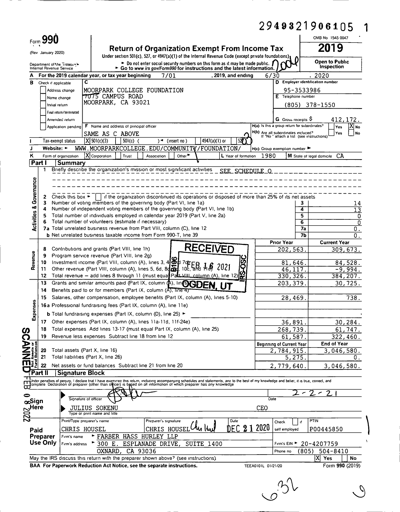 Image of first page of 2019 Form 990 for Moorpark College Foundation