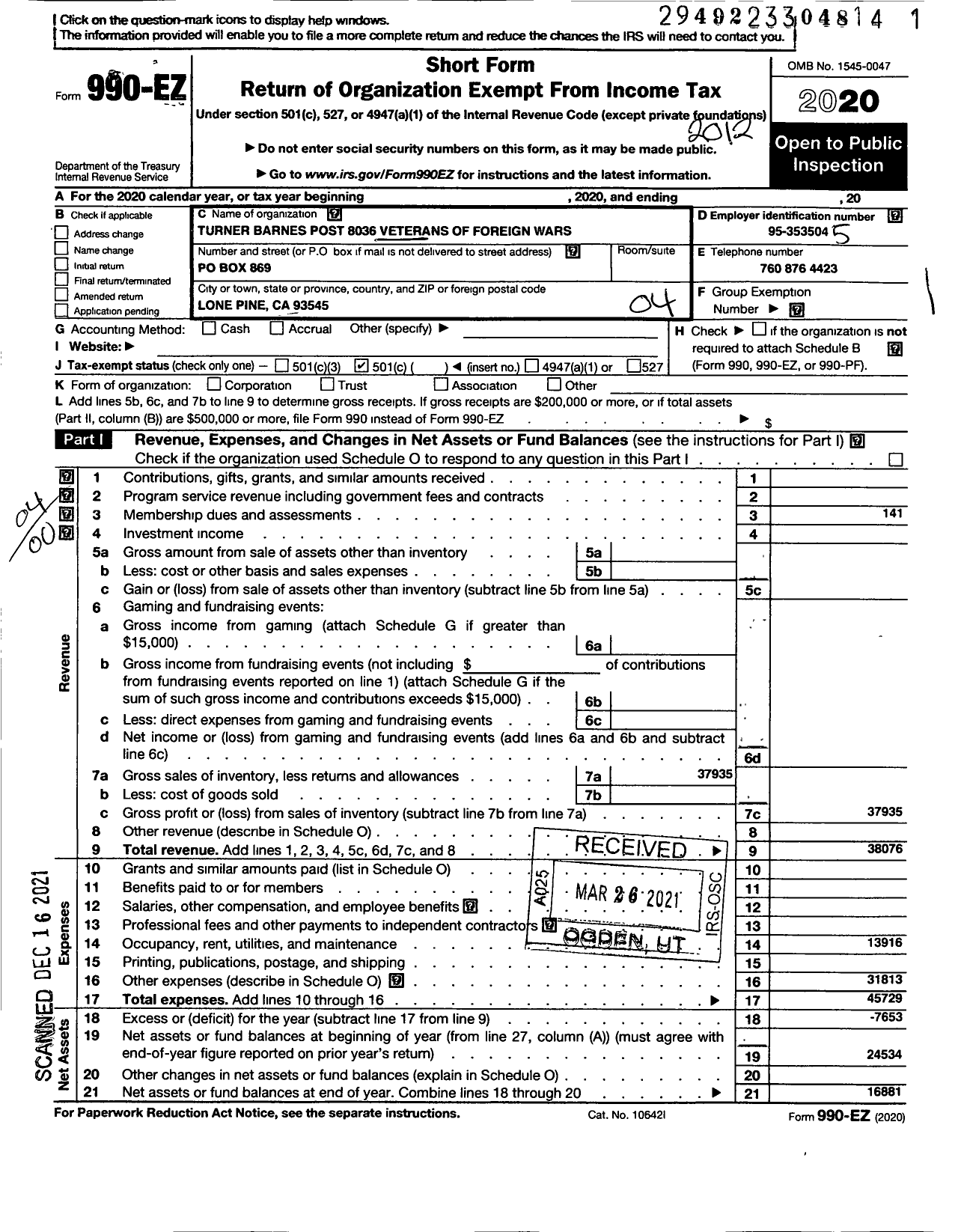 Image of first page of 2020 Form 990EO for VFW California Department - 8036 Turner Barnes Post