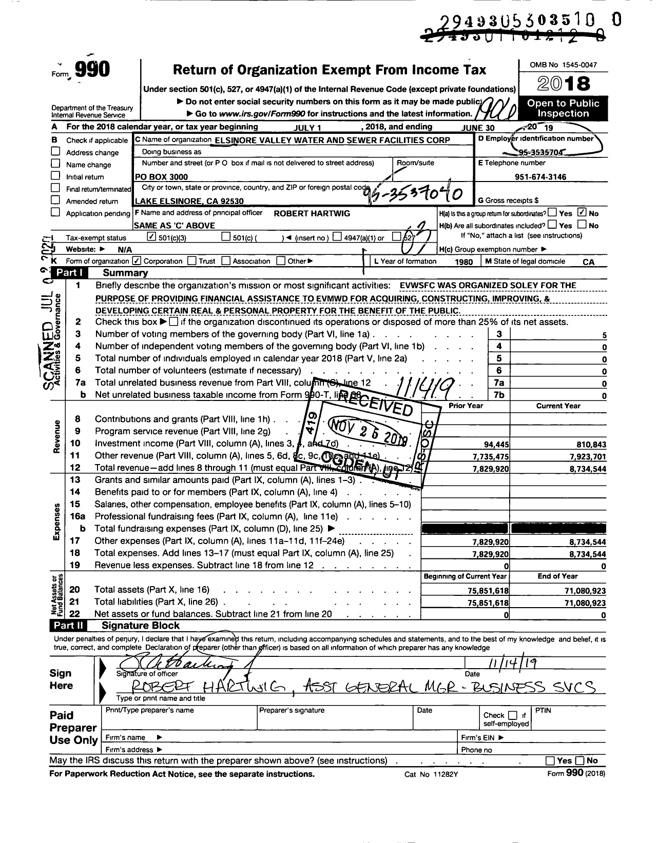 Image of first page of 2018 Form 990 for Elsinore Valley Water and Sewer Facilities Corporation