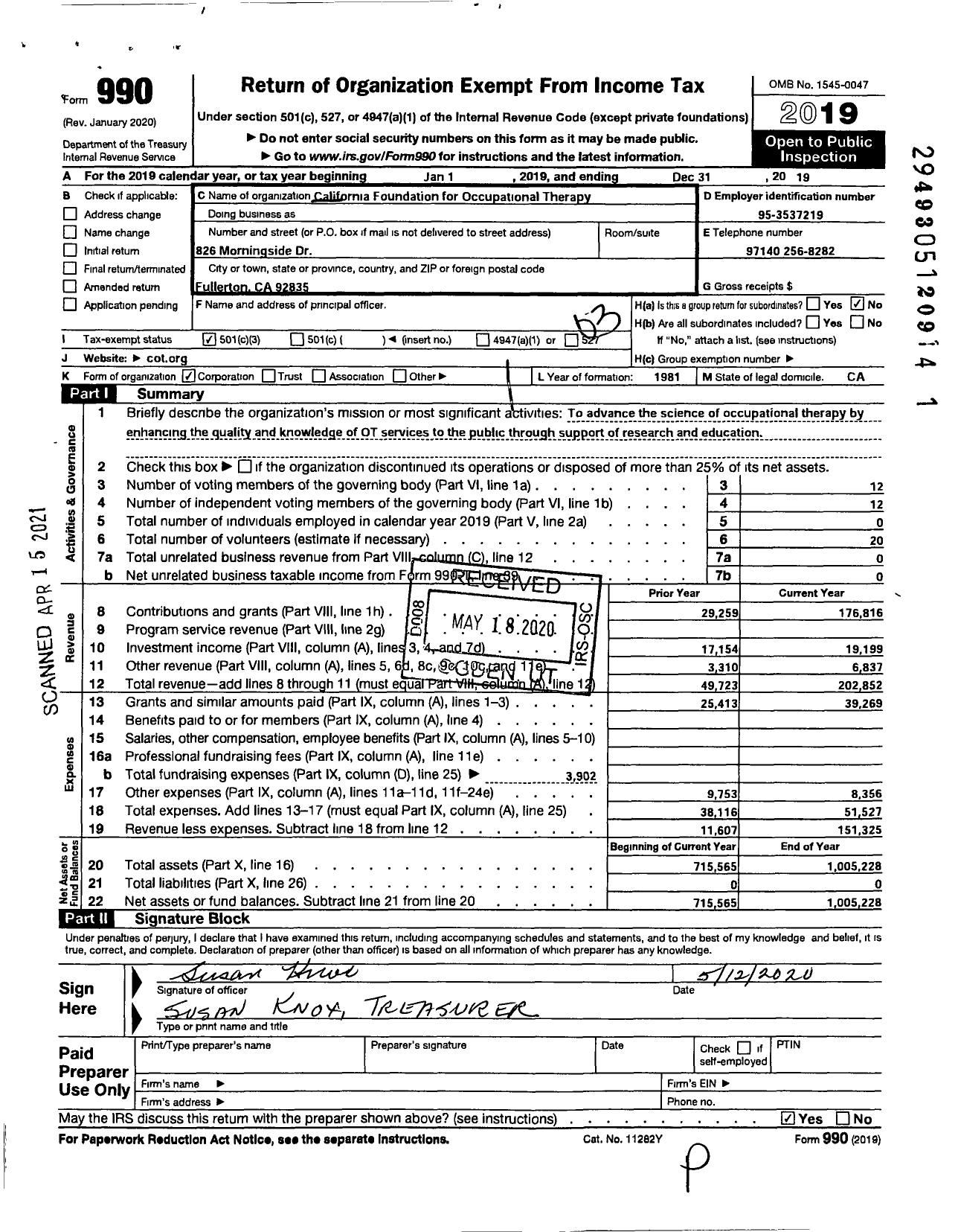 Image of first page of 2019 Form 990 for California Foundation for Occupational Therapy