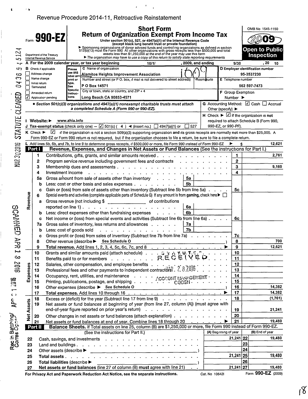 Image of first page of 2009 Form 990EO for Alamitos Heights Improvement Association