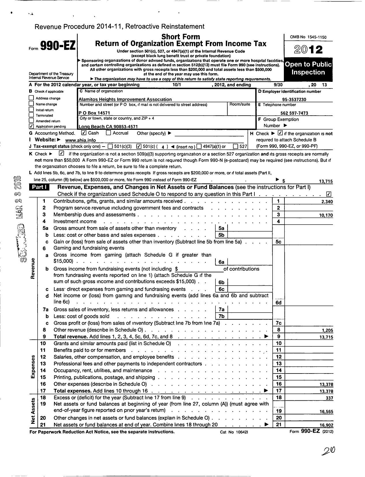 Image of first page of 2012 Form 990EO for Alamitos Heights Improvement Association