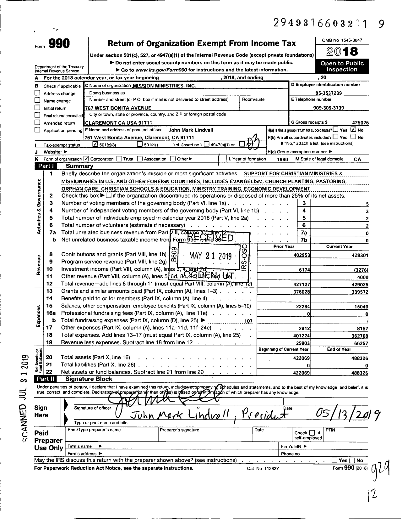 Image of first page of 2018 Form 990 for Mission Ministries