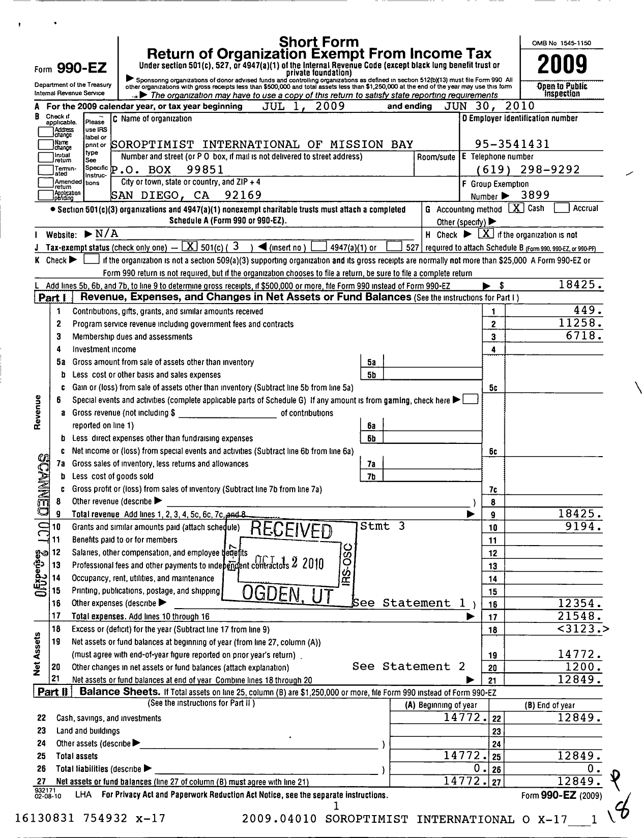 Image of first page of 2009 Form 990EZ for Soroptimist International of the Americas - 113606 Mission Bay Ca