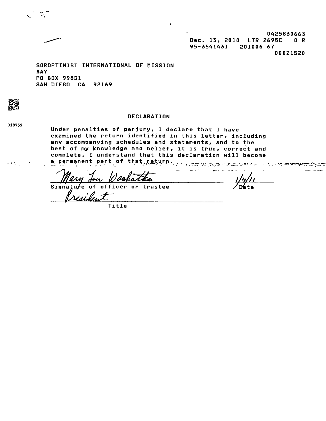 Image of first page of 2009 Form 990ER for Soroptimist International of the Americas - 113606 Mission Bay Ca