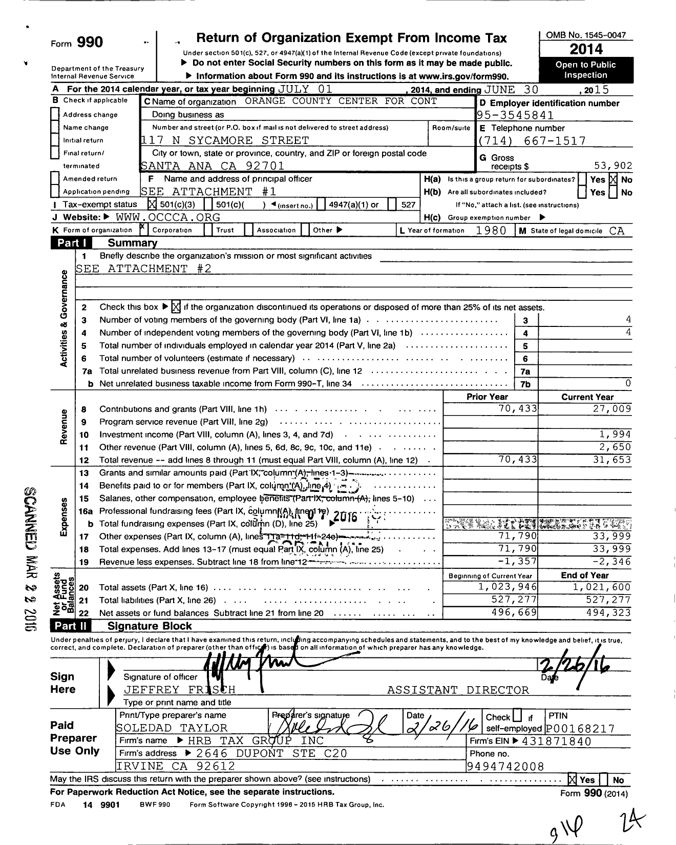 Image of first page of 2014 Form 990 for Orange County Center for Contemporary Art (OCCCA)