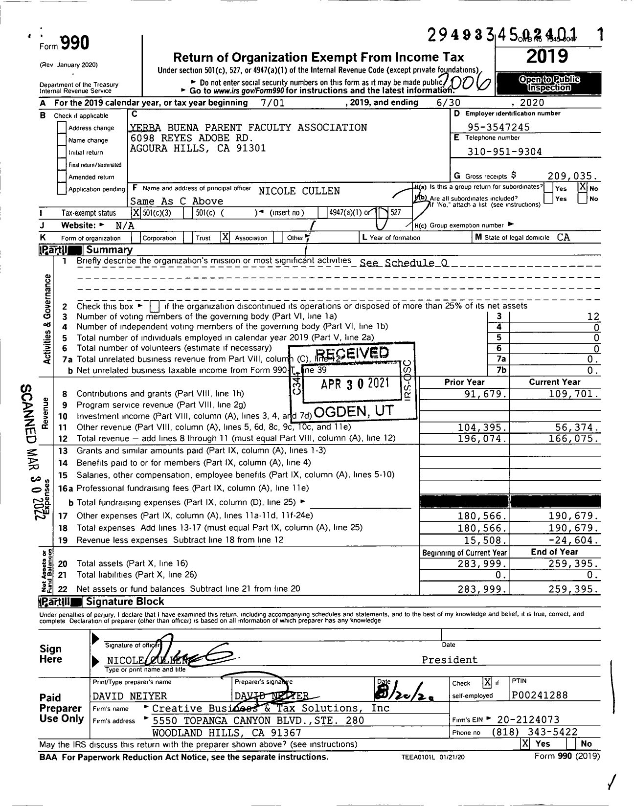 Image of first page of 2019 Form 990 for Yerba Buena Parent Faculty Association