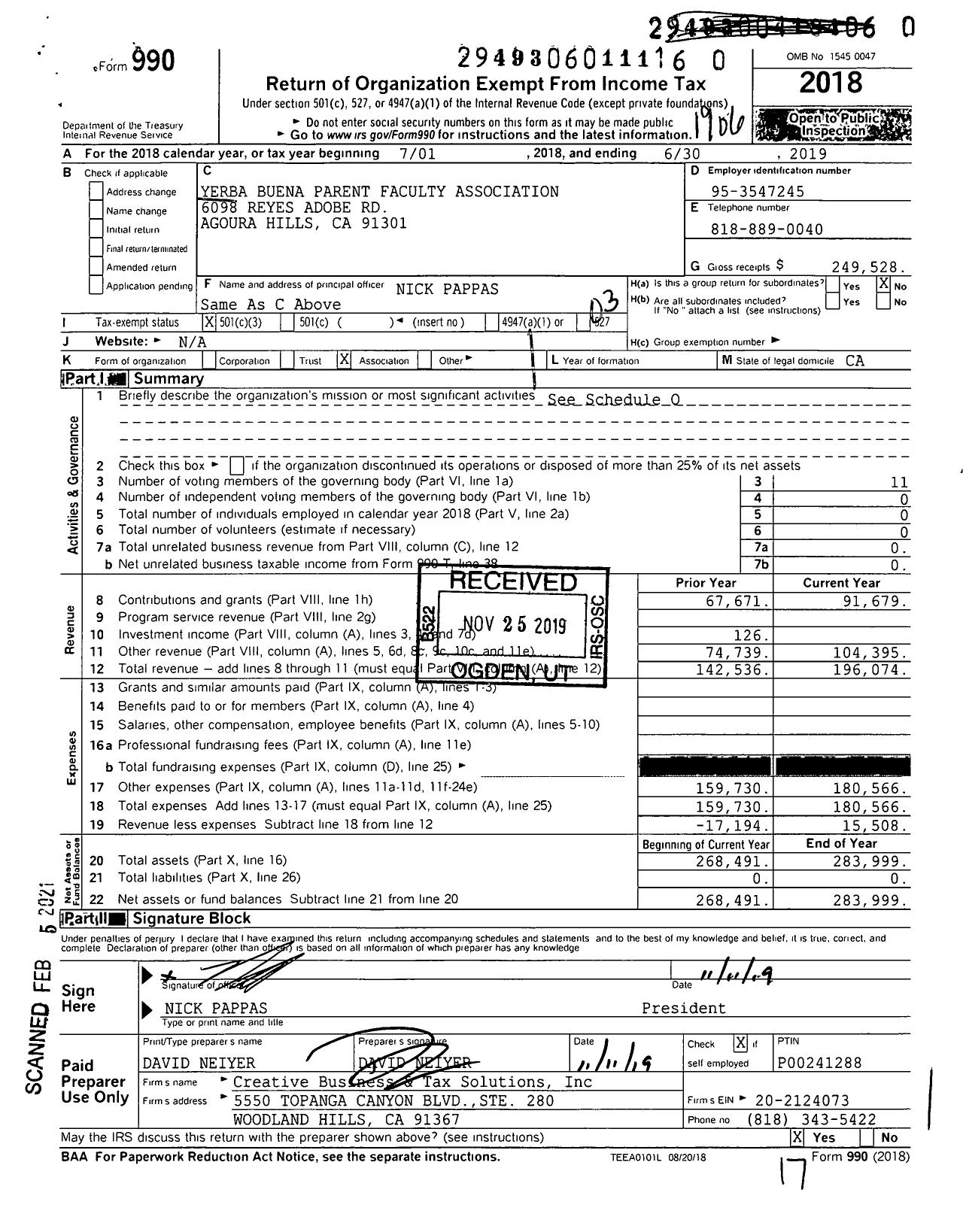 Image of first page of 2018 Form 990 for Yerba Buena Parent Faculty Association