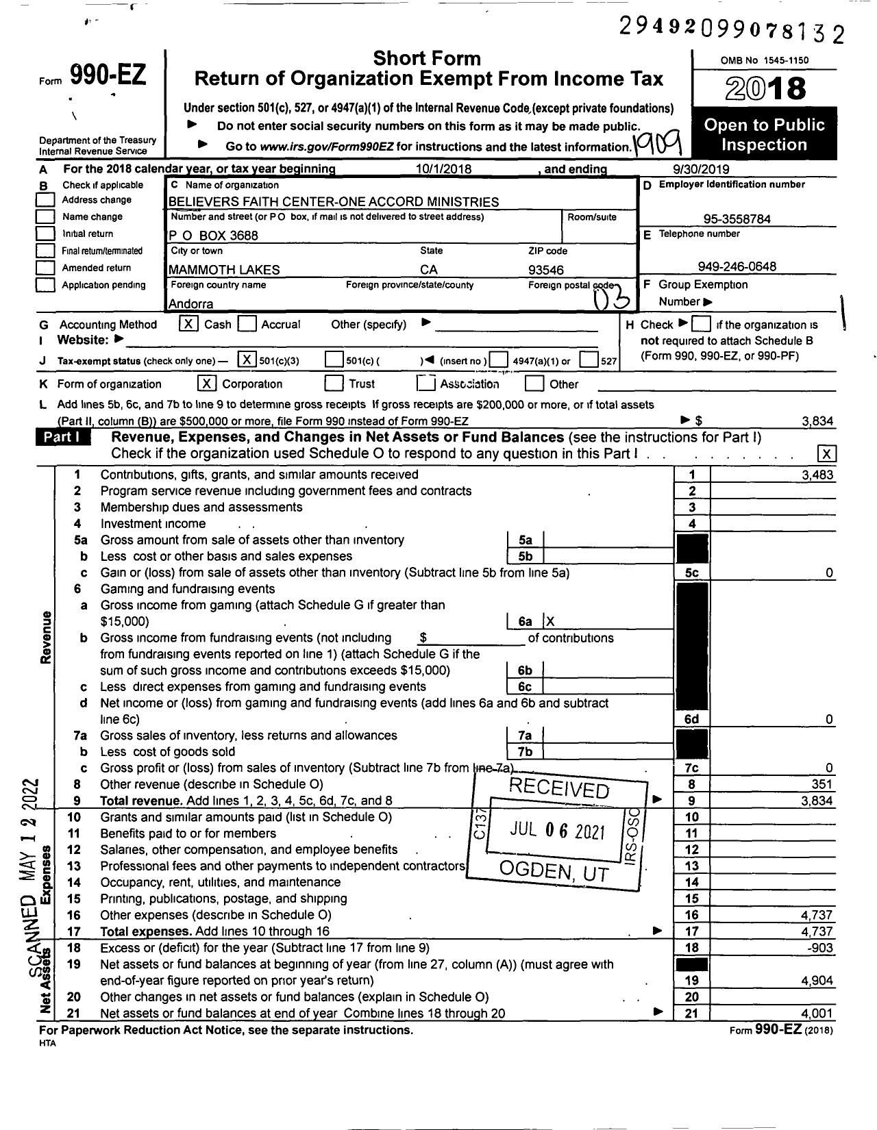 Image of first page of 2018 Form 990EZ for Believers Faith Center - One Accord