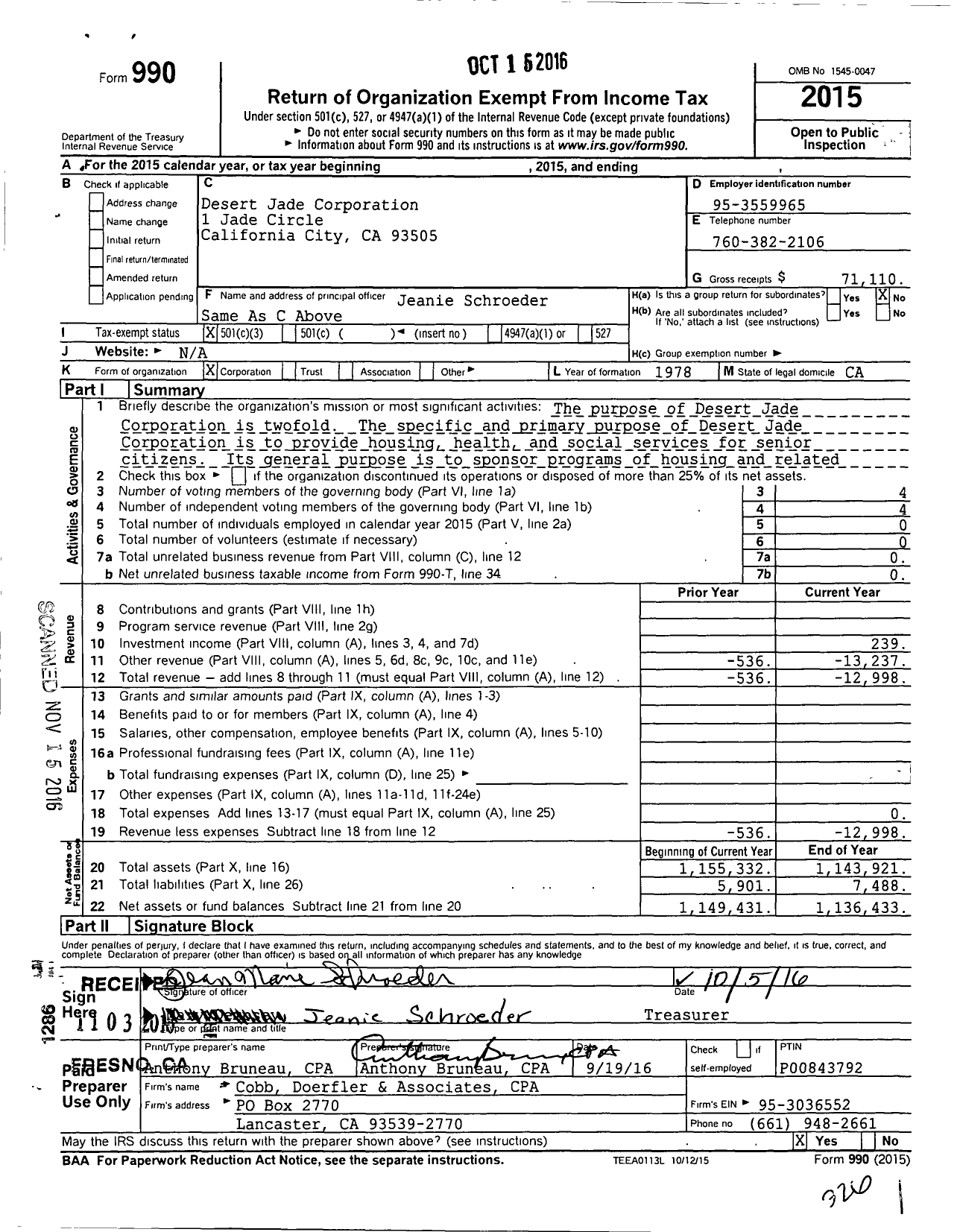 Image of first page of 2015 Form 990 for Desert Jade Corporation