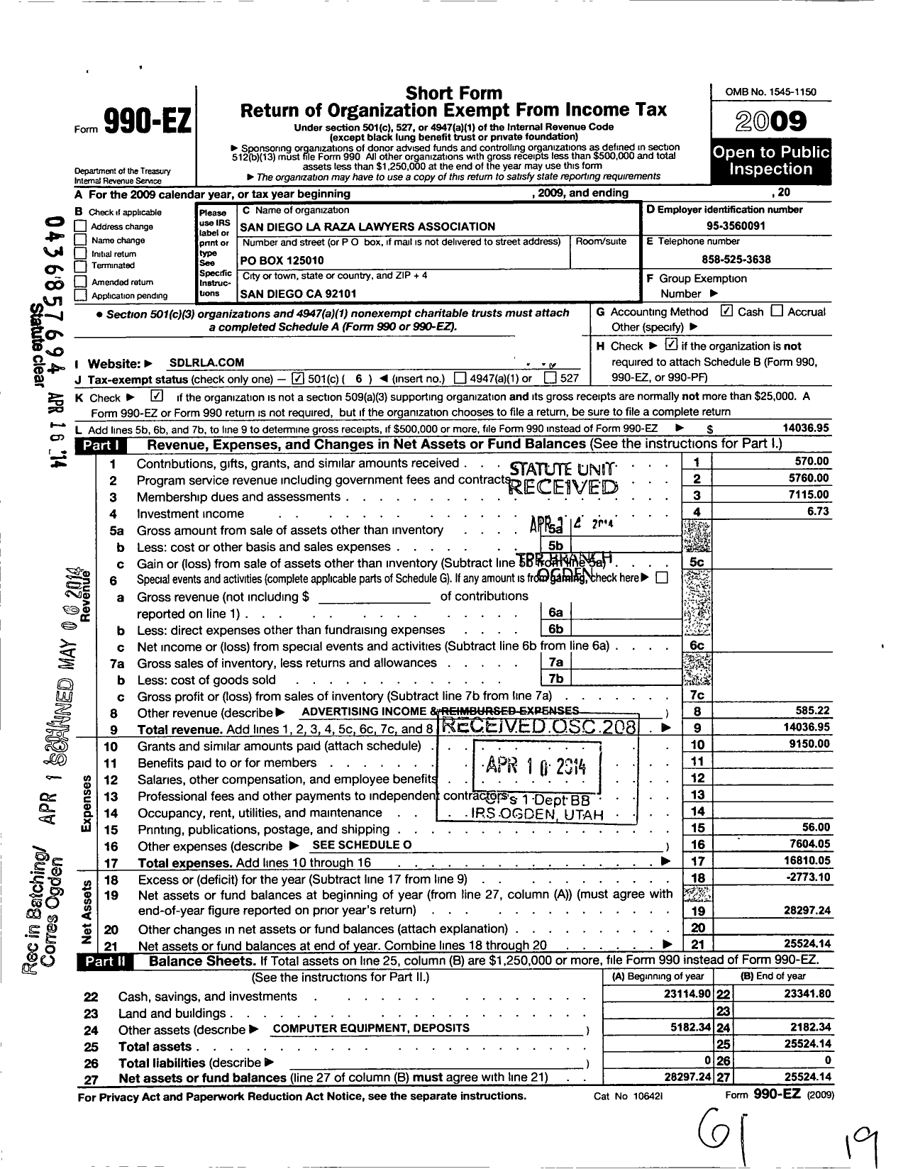 Image of first page of 2009 Form 990EO for San Diego La Raza Lawyers Association I