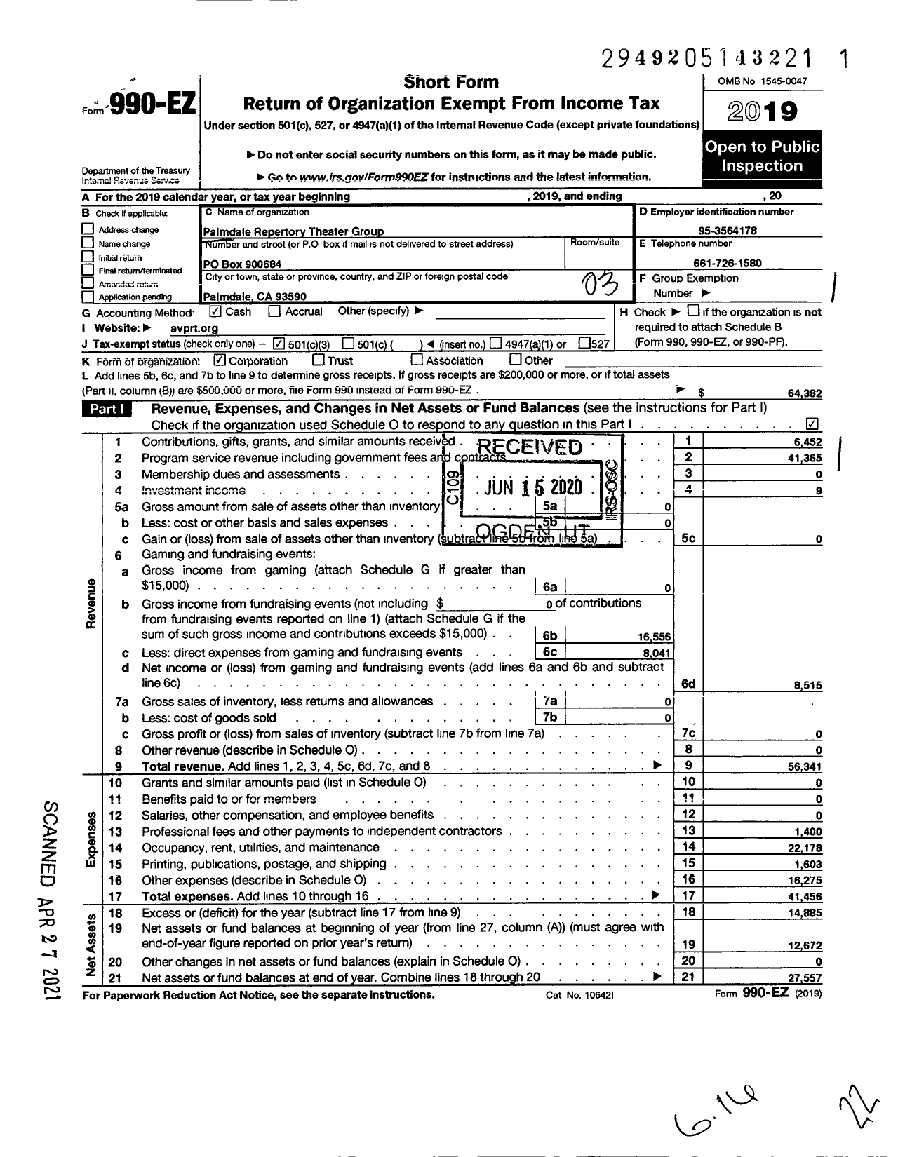 Image of first page of 2019 Form 990EZ for PALMDALE REPERTorY THEATRE GROUP