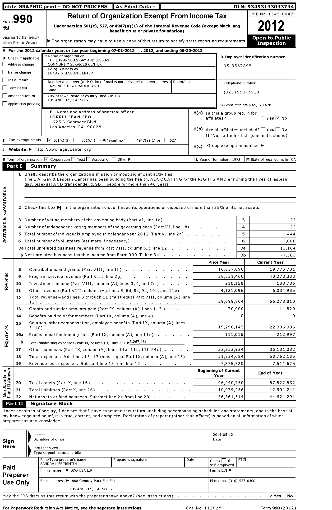 Image of first page of 2012 Form 990 for Los Angeles LGBT Center
