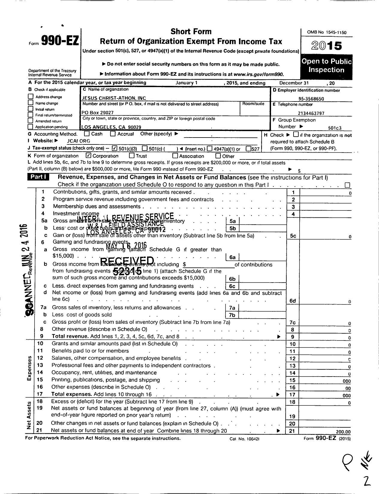 Image of first page of 2015 Form 990EZ for Jesus Christ-Athon