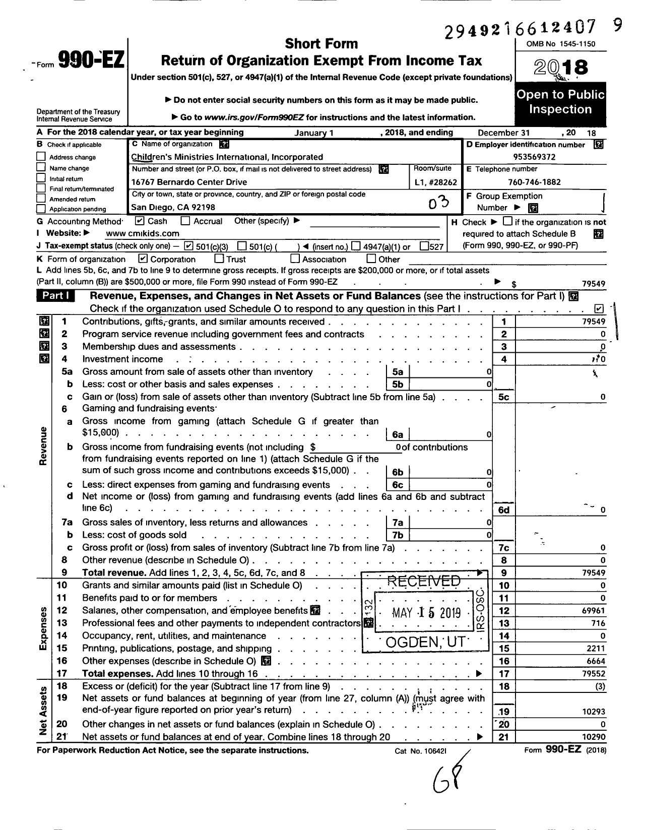 Image of first page of 2018 Form 990EZ for Childrens Ministries International