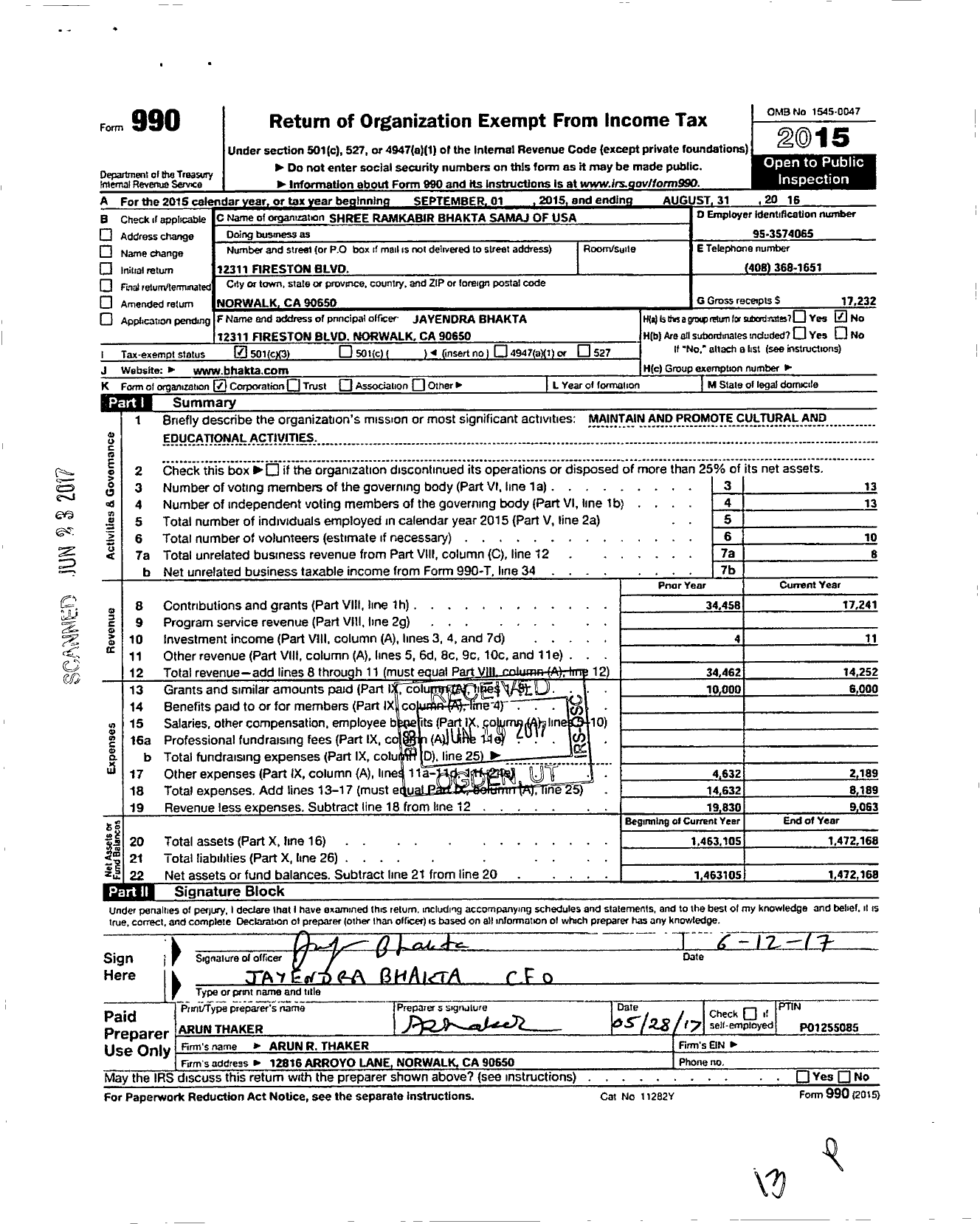 Image of first page of 2015 Form 990 for Shree Ramkabir Bhakta Samaj of USA