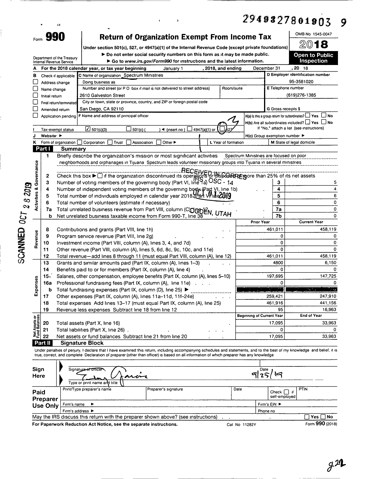 Image of first page of 2018 Form 990 for Spectrum Ministries