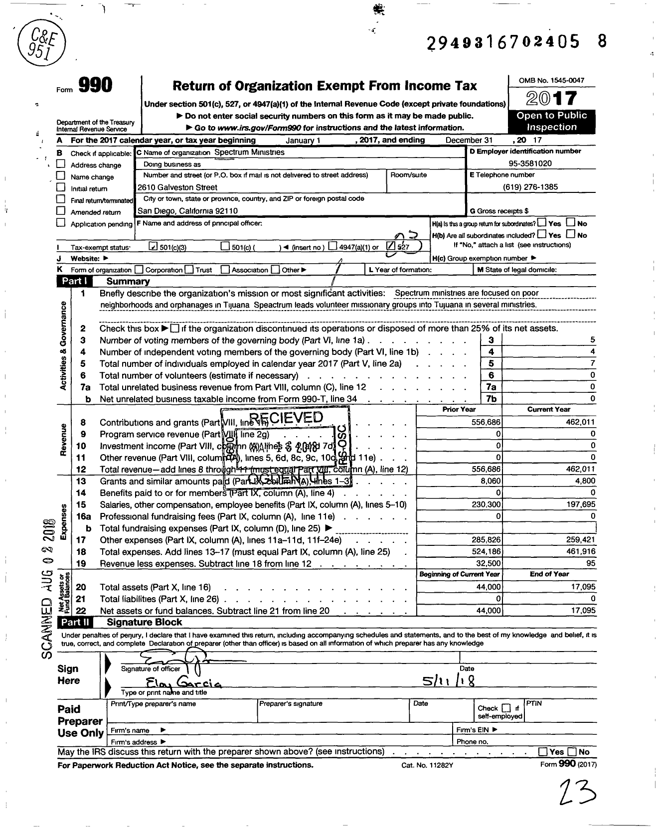 Image of first page of 2017 Form 990 for Spectrum Ministries