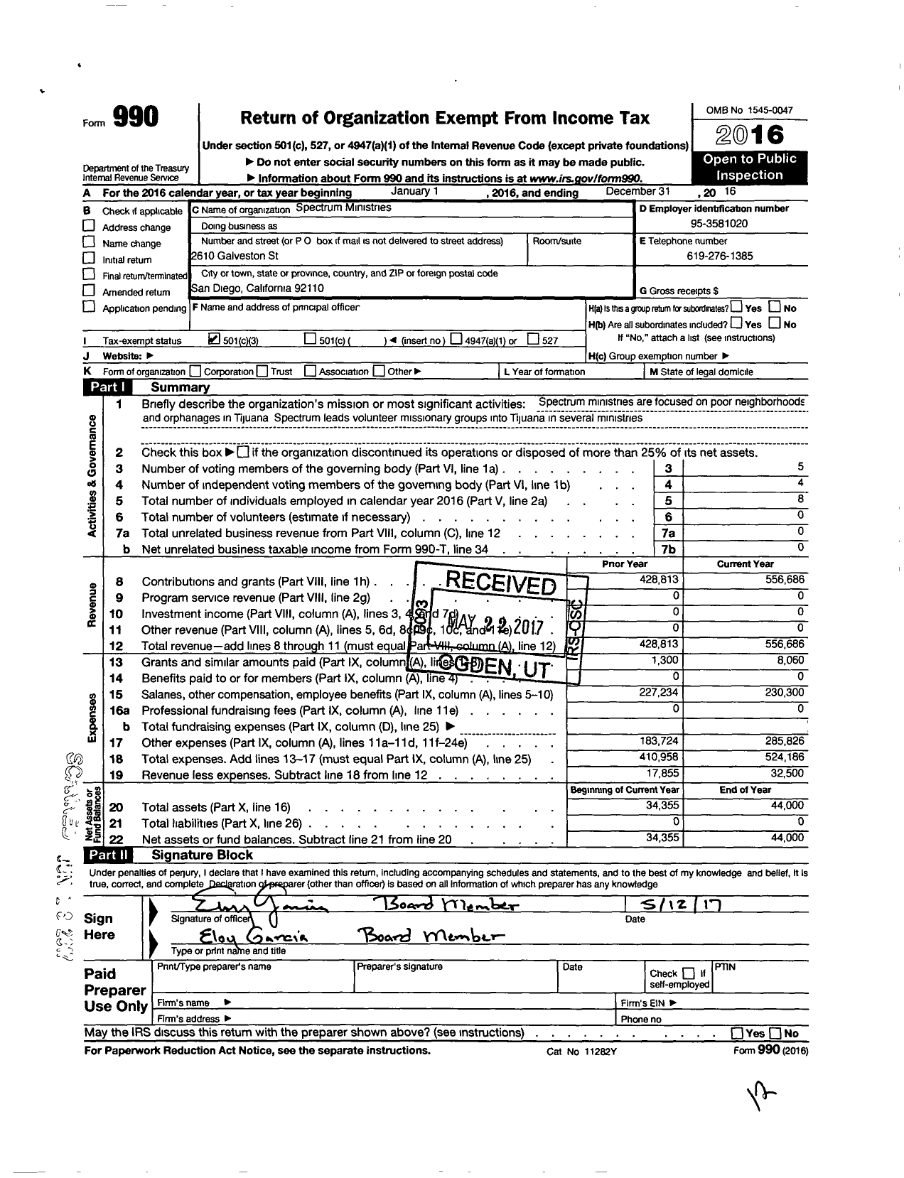 Image of first page of 2016 Form 990 for Spectrum Ministries