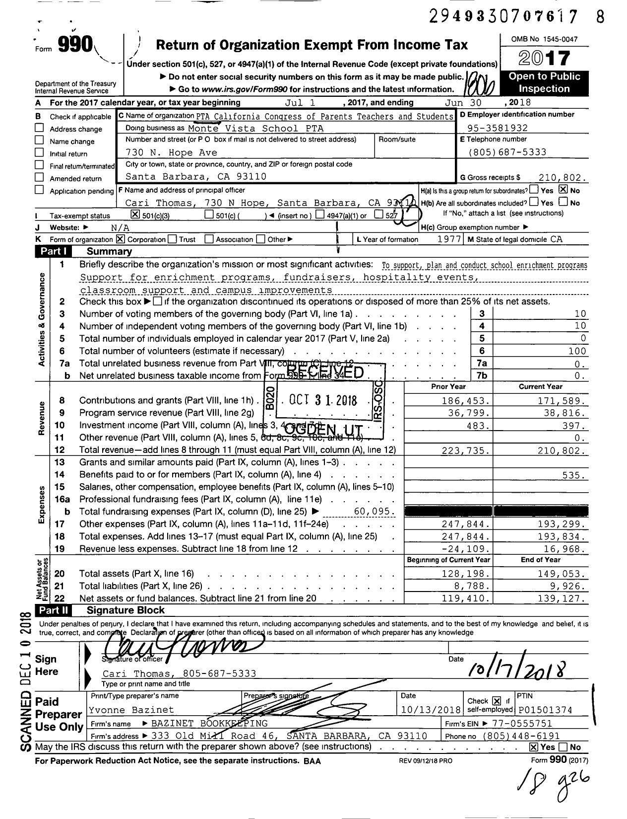 Image of first page of 2017 Form 990 for California State PTA - Monte Vista School PTA