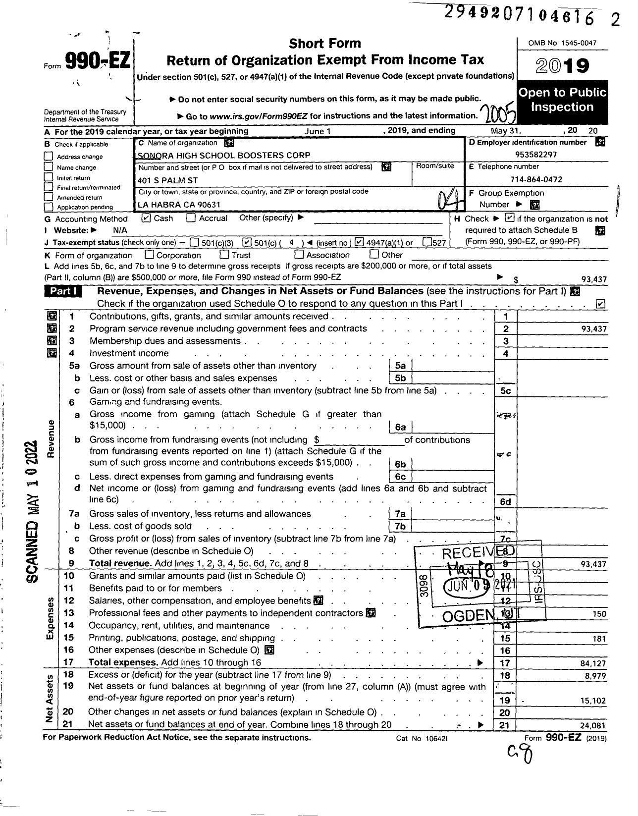 Image of first page of 2019 Form 990EO for Sonora High School Boosters Corporation