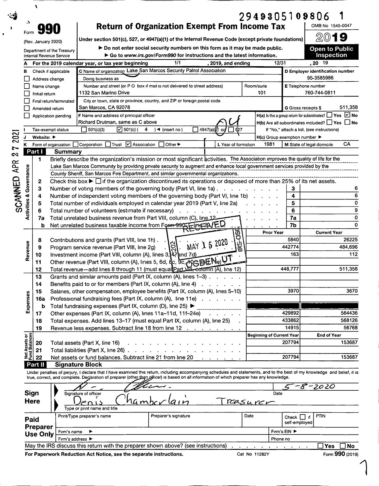 Image of first page of 2019 Form 990O for Lake San Marcos Security Patrol Association