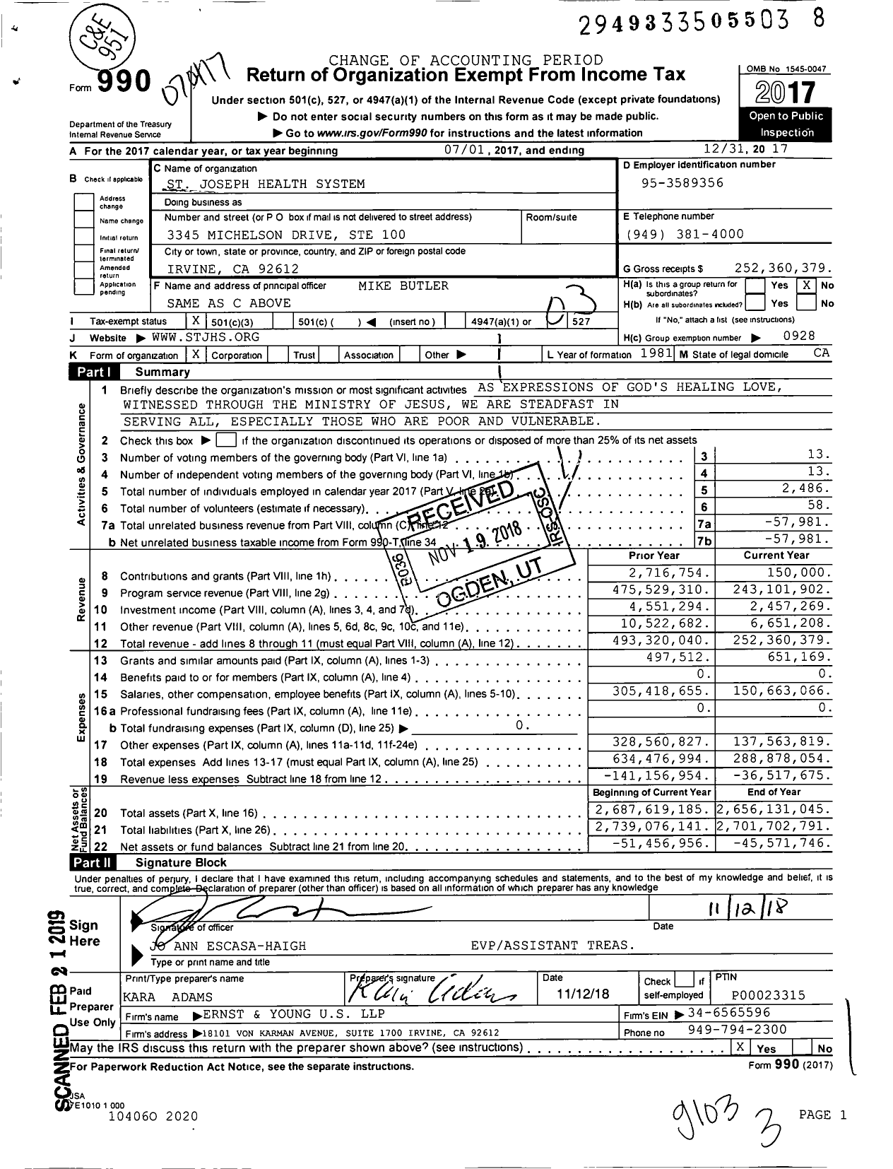 Image of first page of 2017 Form 990 for Saint Joseph Health (SJH)