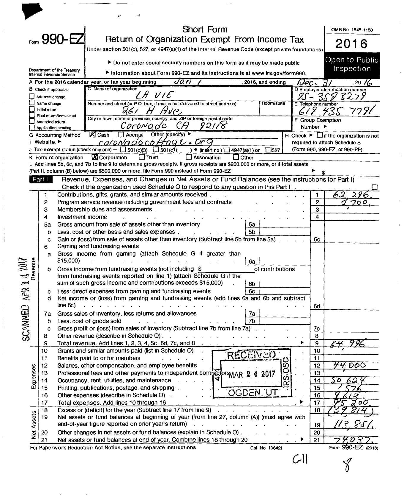 Image of first page of 2016 Form 990EO for La Vie