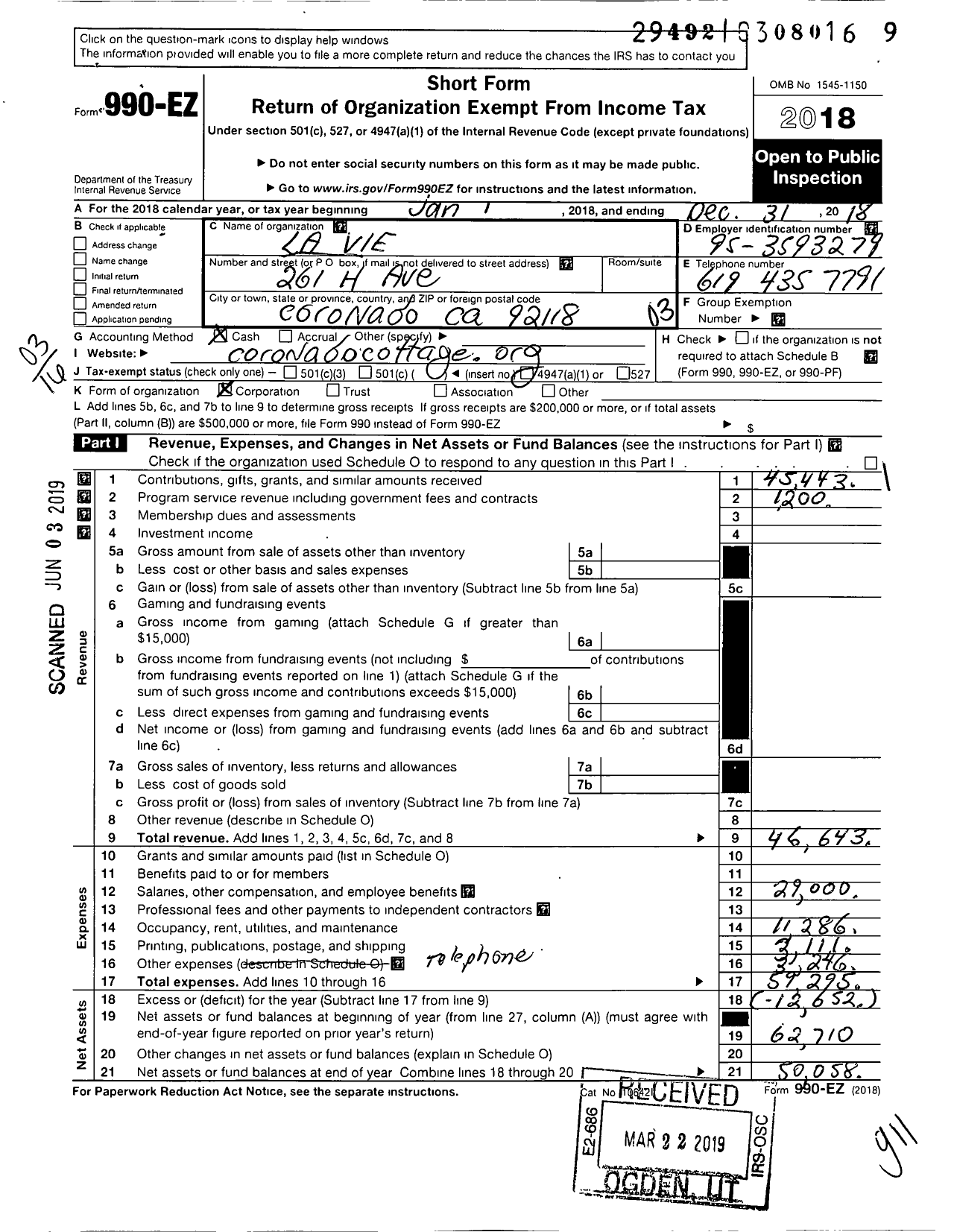 Image of first page of 2018 Form 990EZ for La Vie