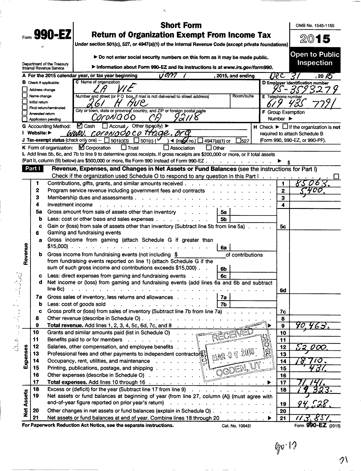 Image of first page of 2015 Form 990EO for La Vie