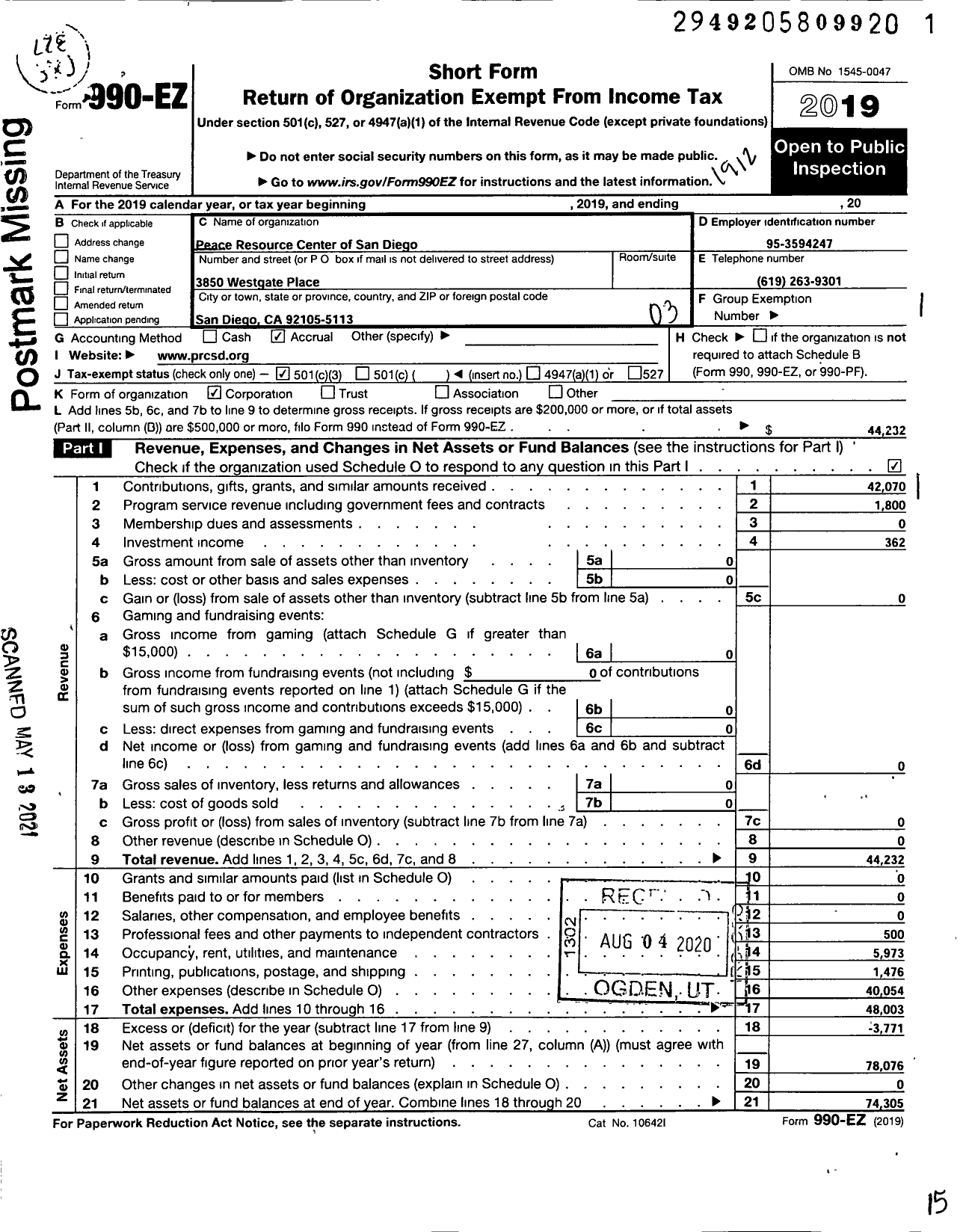 Image of first page of 2019 Form 990EZ for Peace Resource Center of San Diego