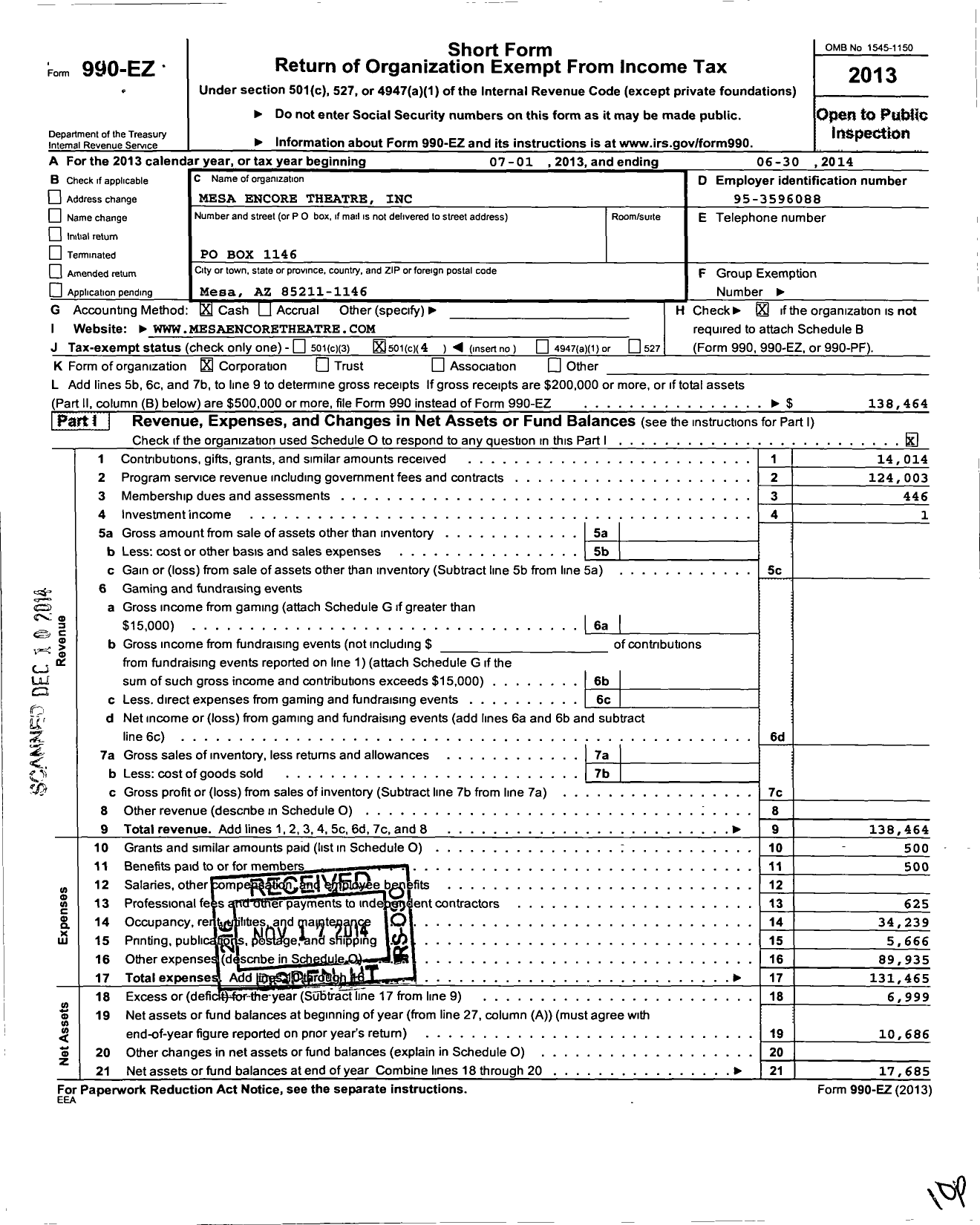 Image of first page of 2013 Form 990EO for Mesa Encore Theatre