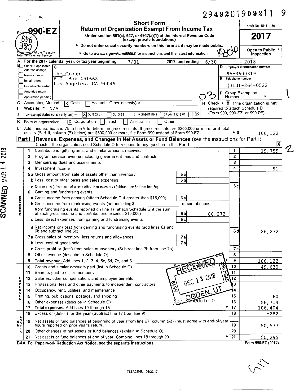 Image of first page of 2017 Form 990EZ for The Group