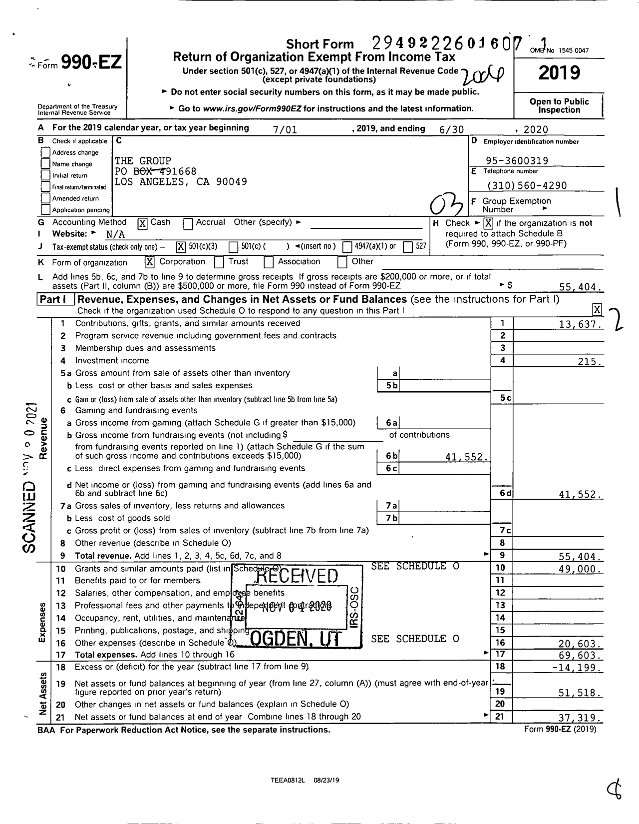 Image of first page of 2019 Form 990EZ for The Group