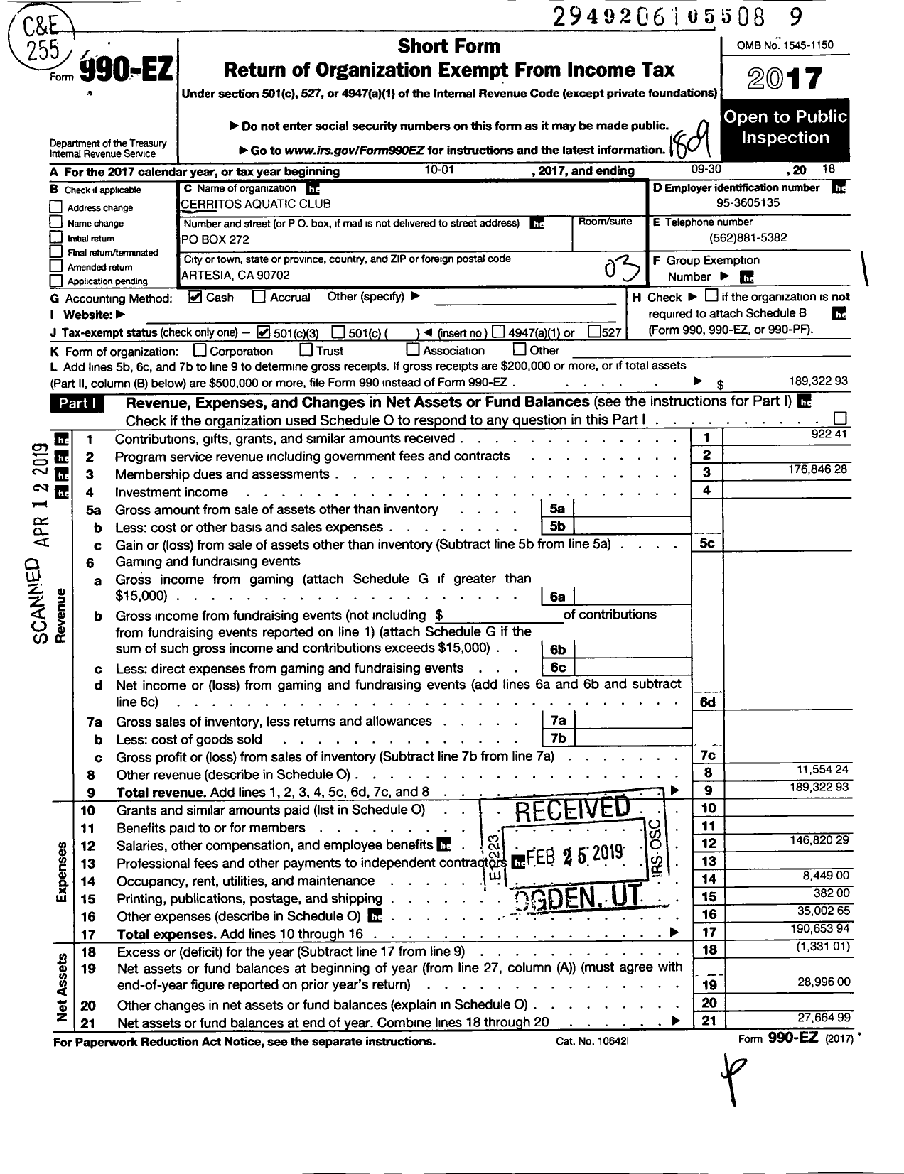 Image of first page of 2017 Form 990EZ for Cerritos Aquatic Club