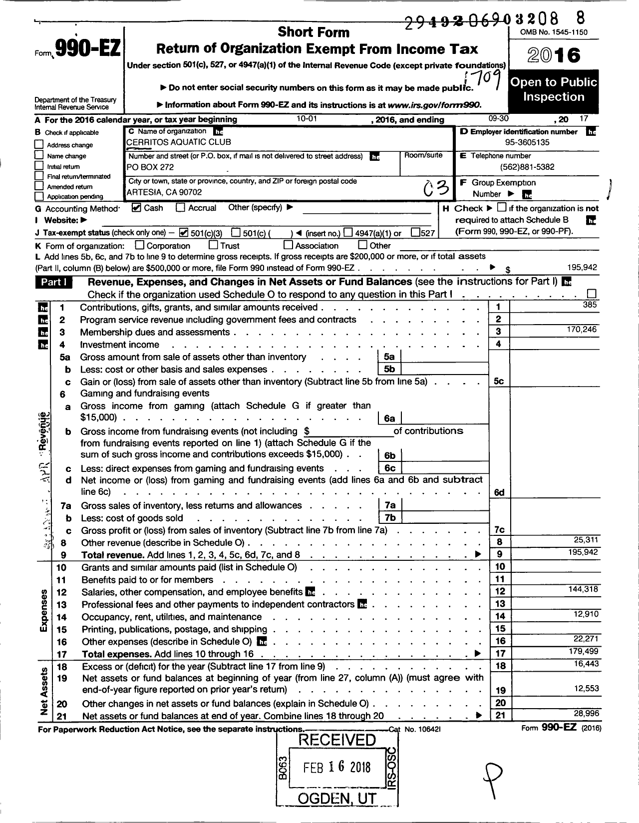 Image of first page of 2016 Form 990EZ for Cerritos Aquatic Club