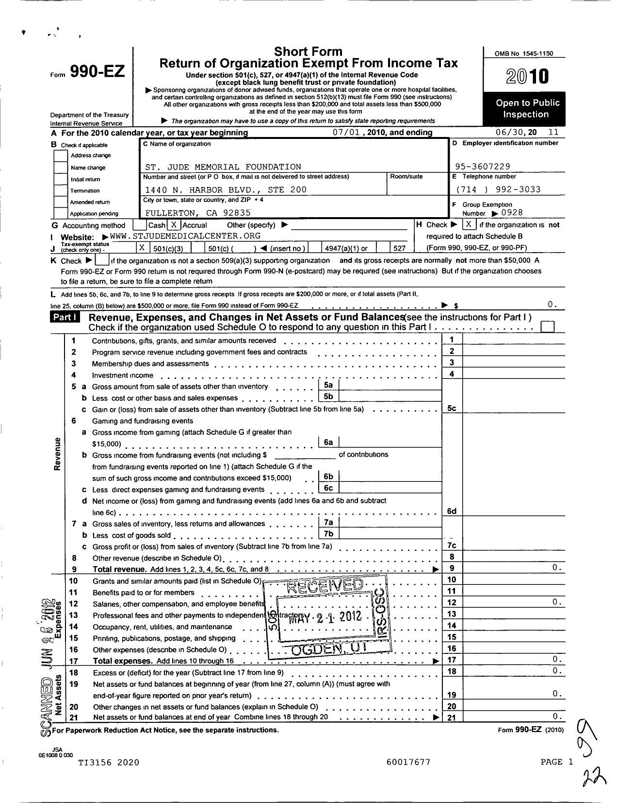 Image of first page of 2010 Form 990EZ for St Jude Memorial Foundation