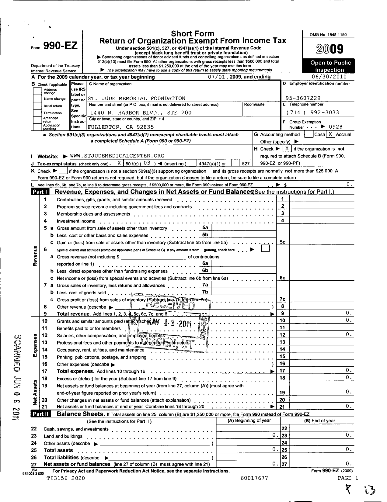 Image of first page of 2009 Form 990EZ for St Jude Memorial Foundation