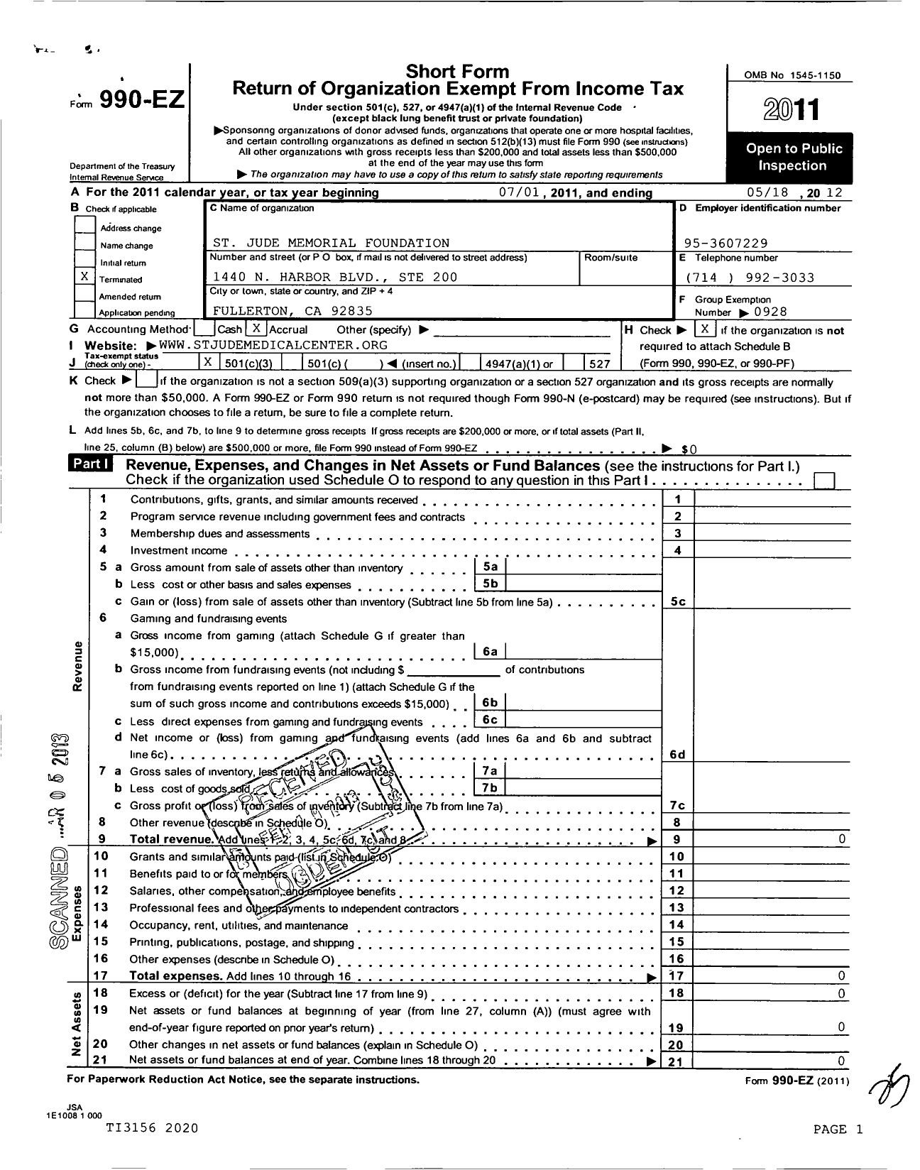 Image of first page of 2011 Form 990EZ for St Jude Memorial Foundation