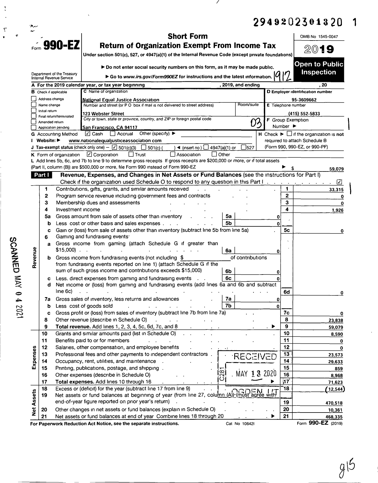 Image of first page of 2019 Form 990EZ for National Equal Justice Association