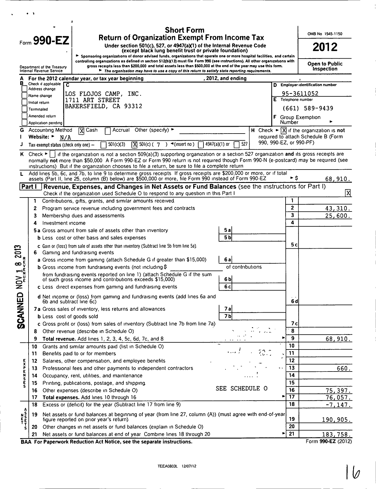 Image of first page of 2012 Form 990EO for Los Flojos Camp