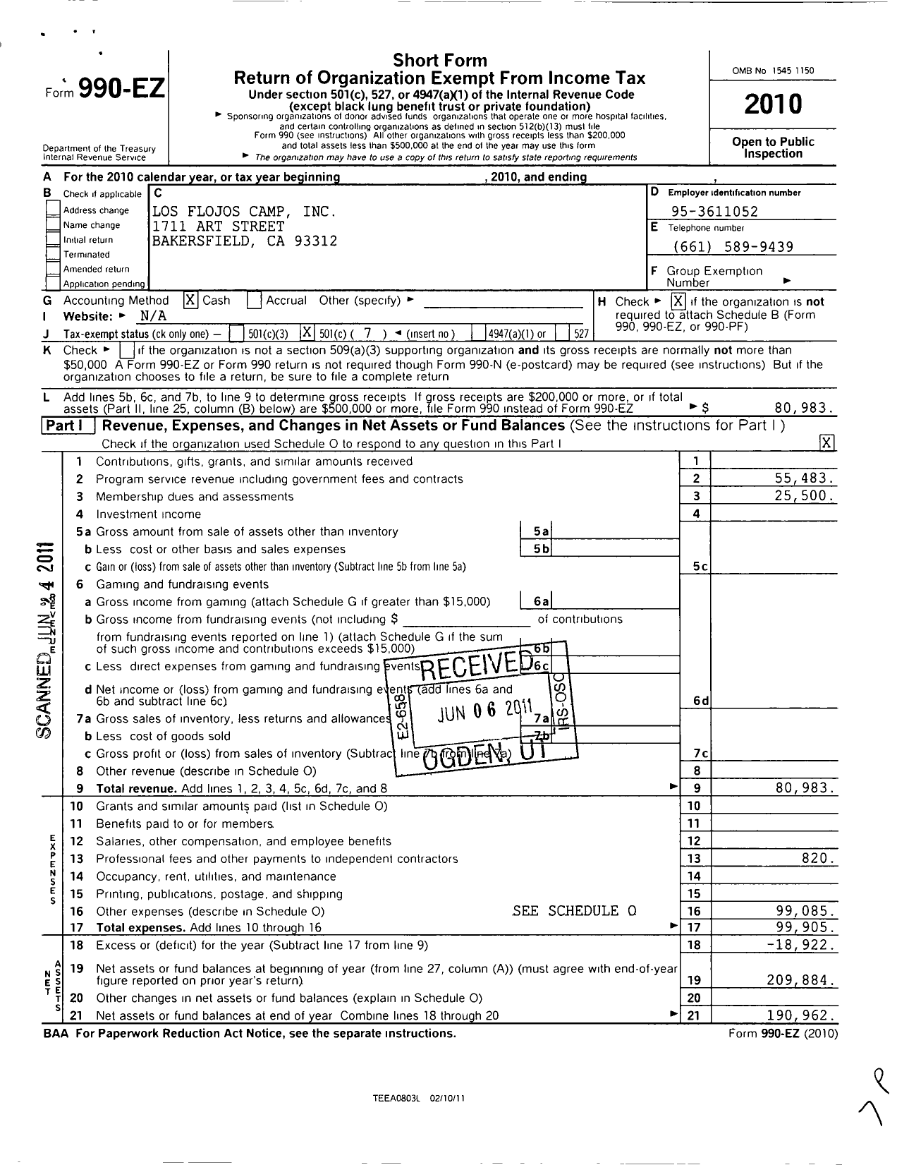 Image of first page of 2010 Form 990EO for Los Flojos Camp