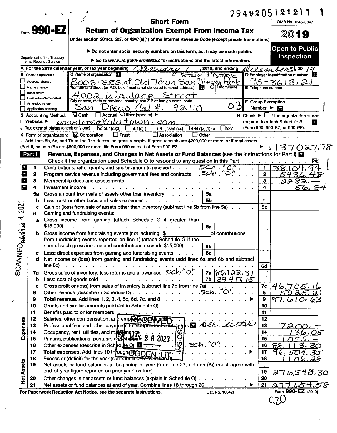 Image of first page of 2019 Form 990EZ for Boosters of Old Town San Diego State Historic Park