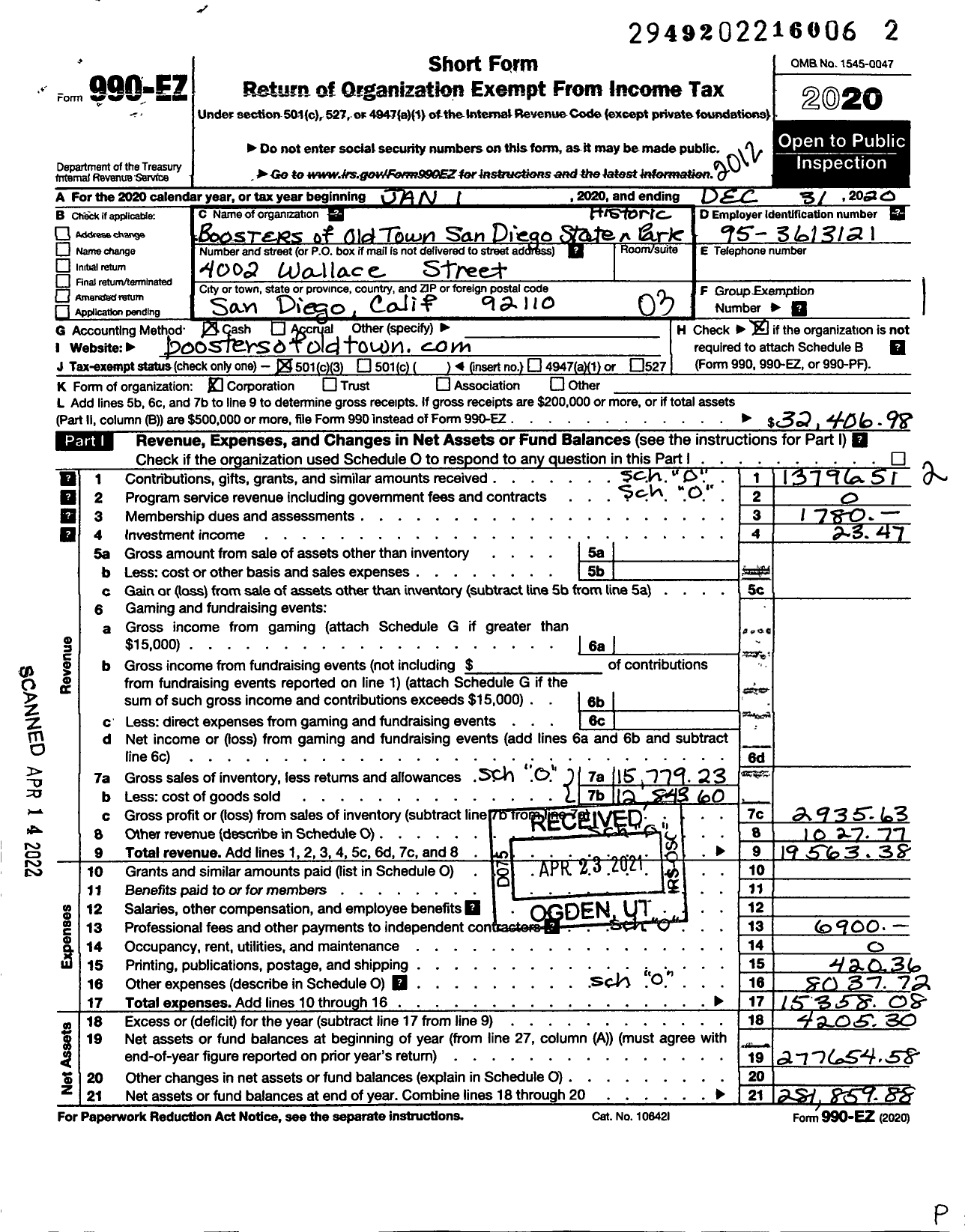 Image of first page of 2020 Form 990EZ for Boosters of Old Town San Diego State Historic Park